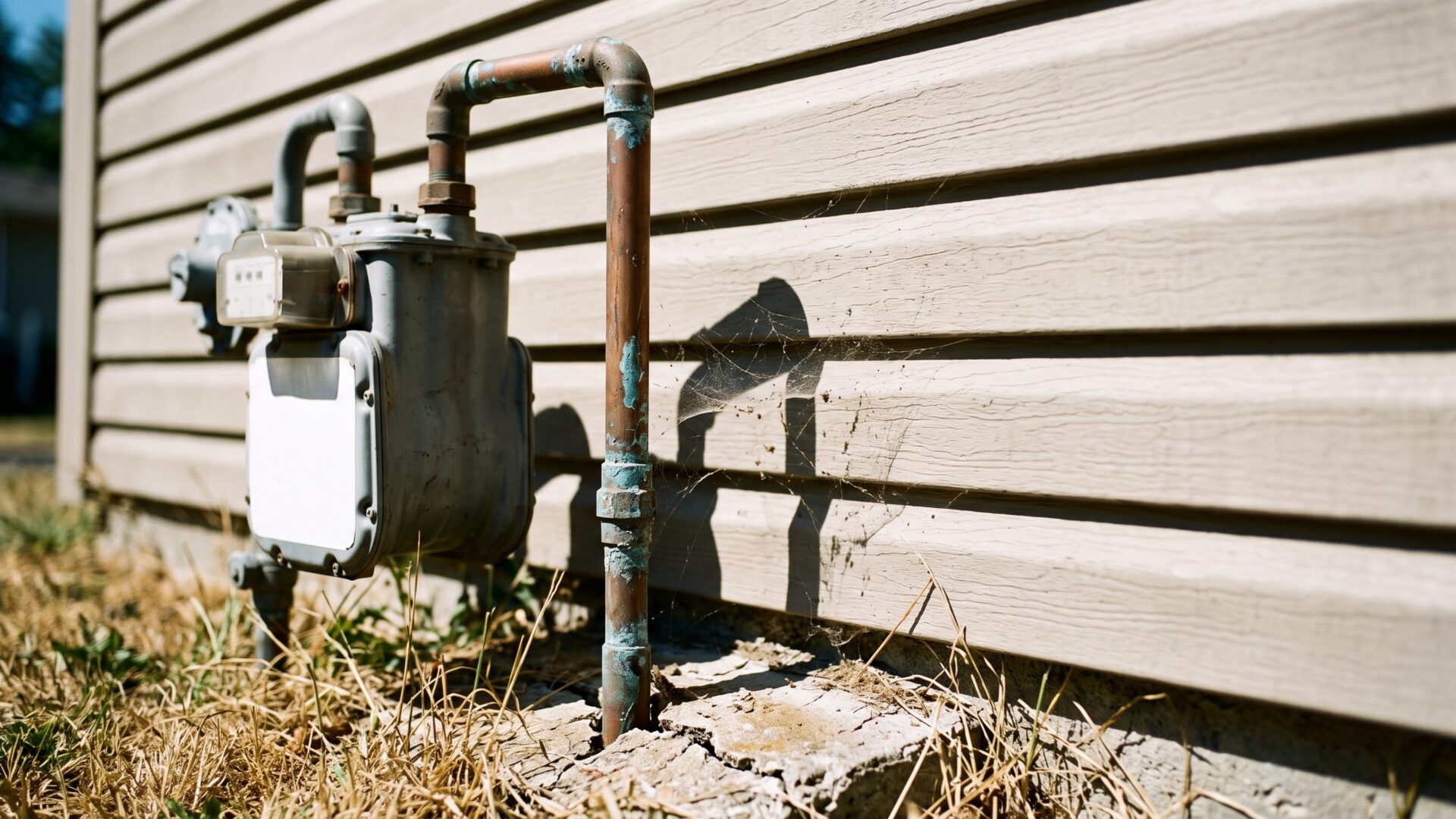 A residential gas meter and the copper line feeding a house, the physical hardware behind the 106% natural gas increase.