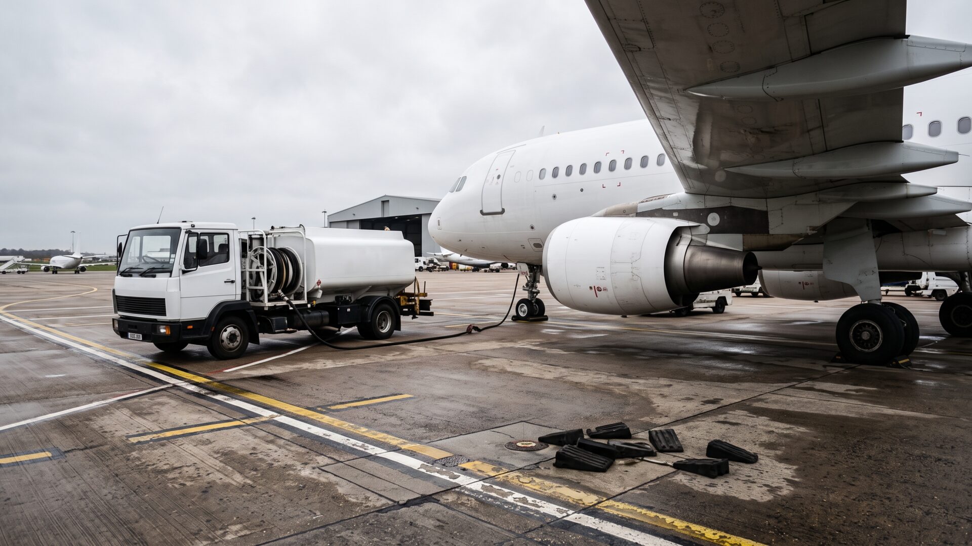 A fuel truck servicing an aircraft on an apron, showing jet fuel as the airline cost the slide identifies as second only to labor.