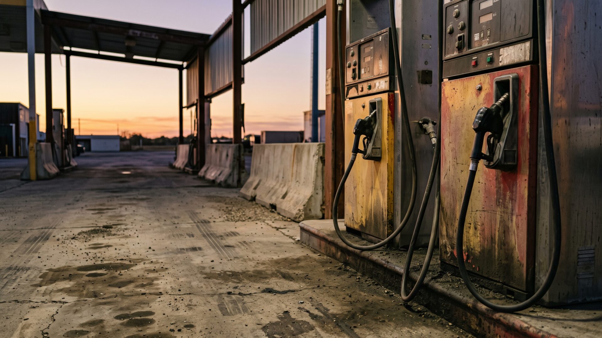 Diesel pumps at a truck stop lane, the fuel the slide traces from farm equipment through freight into grocery prices.