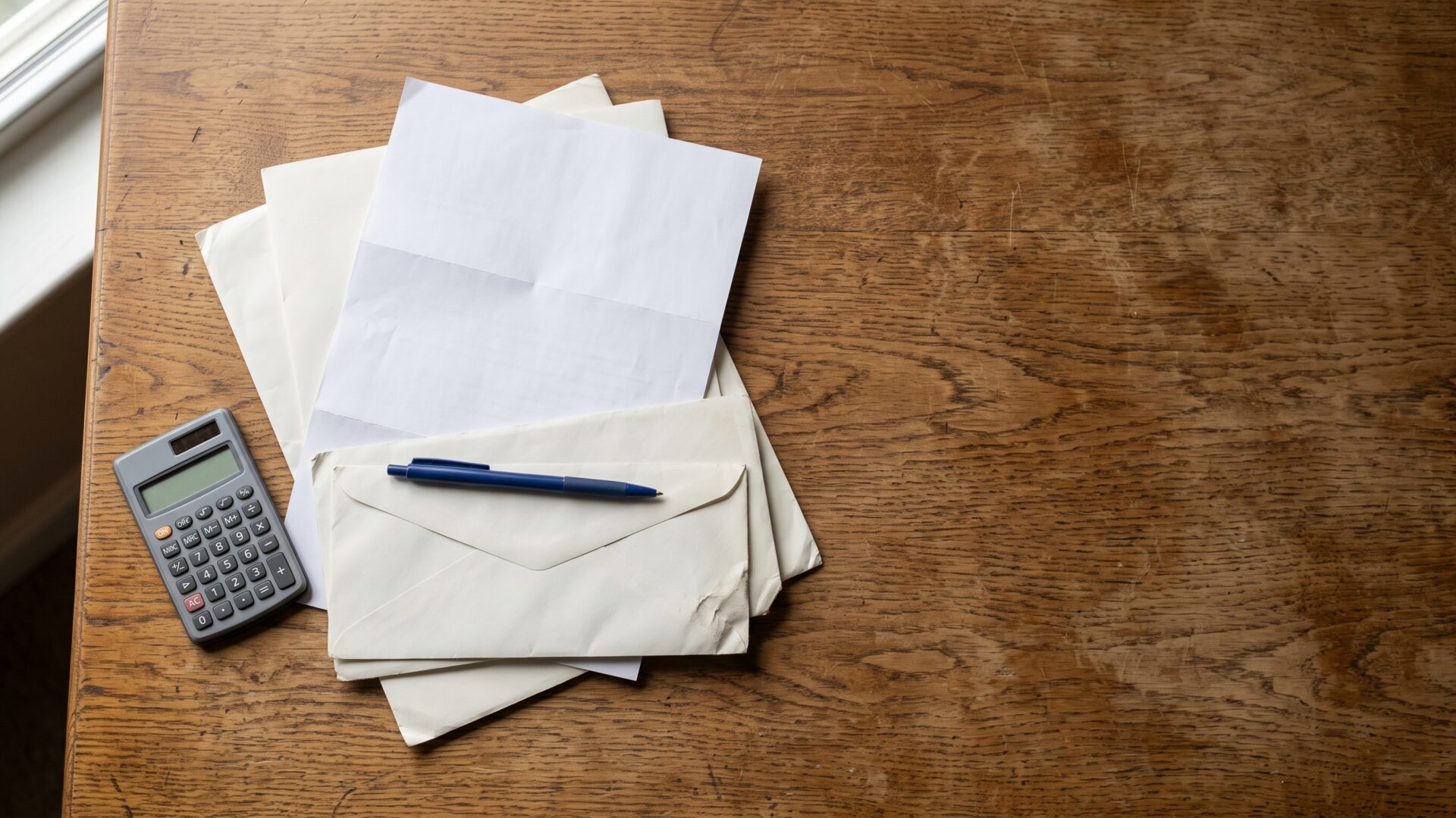An arranged still life of household bills and a pocket calculator, matching the slide's point that people compare current costs against memory.