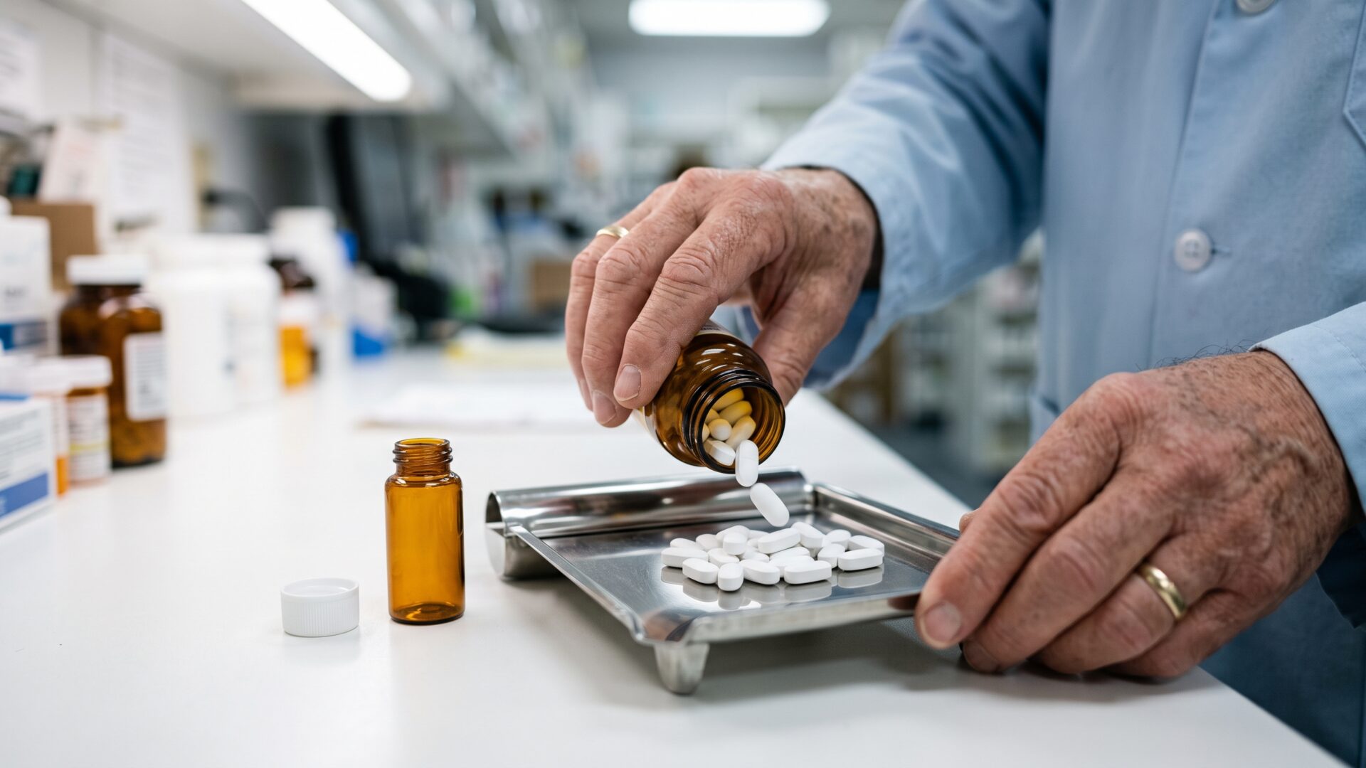 A pharmacist's hands filling an amber vial, the dispensing counter where the 3.9% drug price decline and generic supply meet.