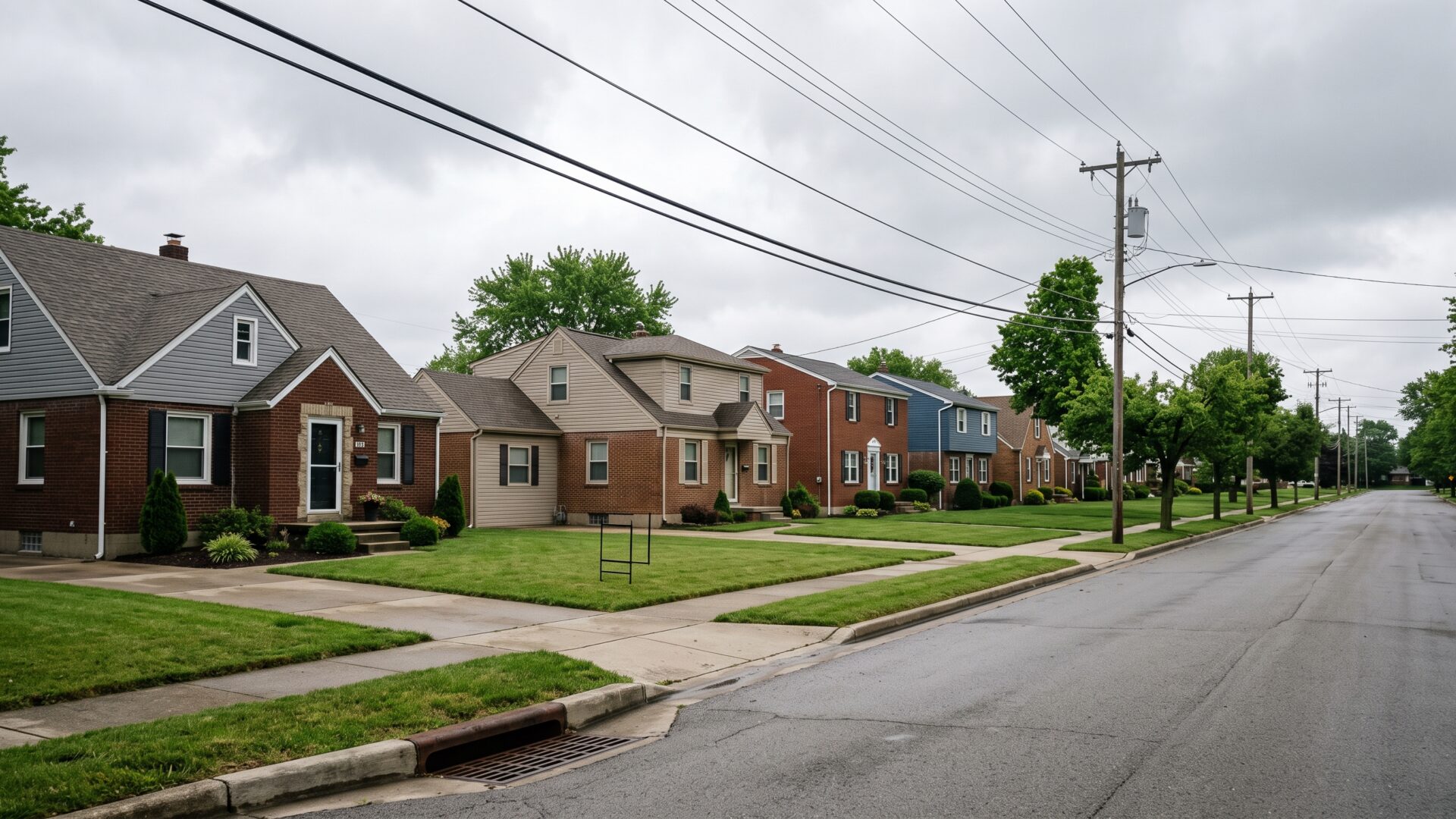 A suburban street of for-sale-stage houses with no buyers present, the affordability gap the Atlanta Fed measures made visible.