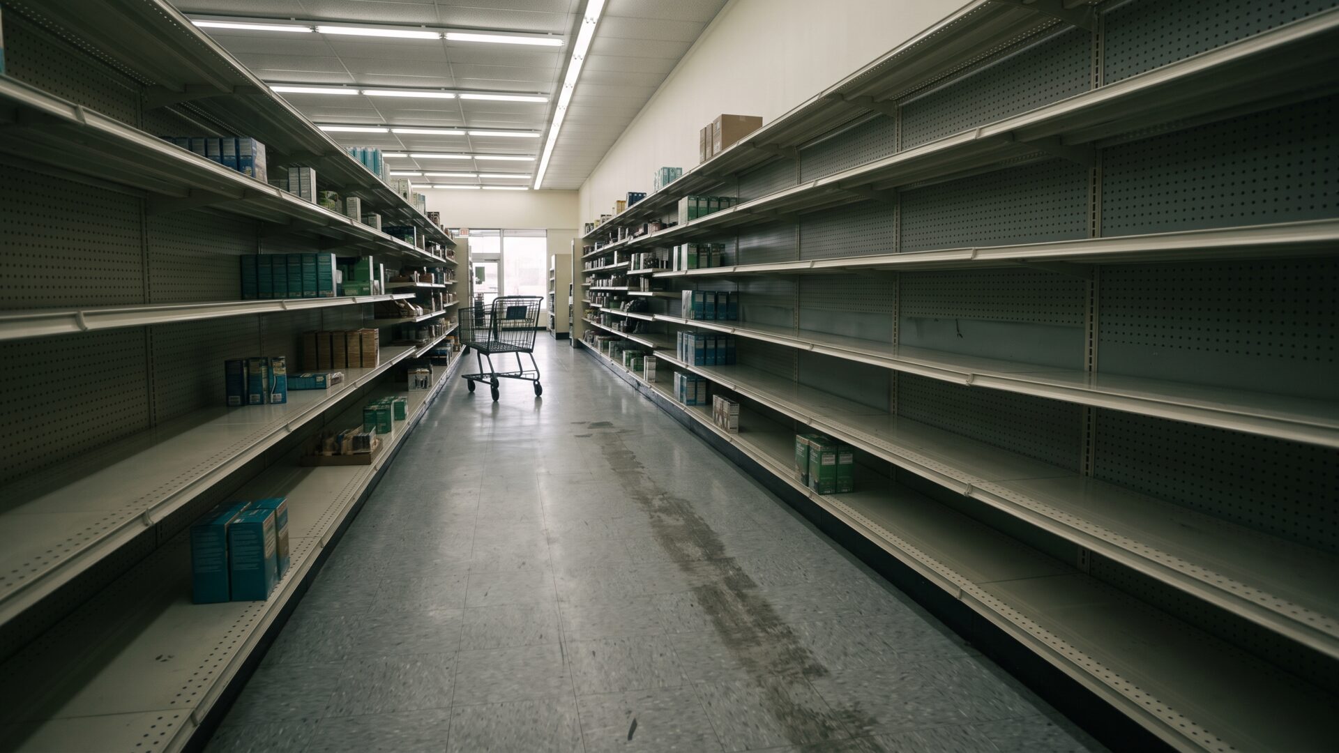 A nearly empty retail aisle, the stalled-spending condition slide 2 describes as the deflation risk.