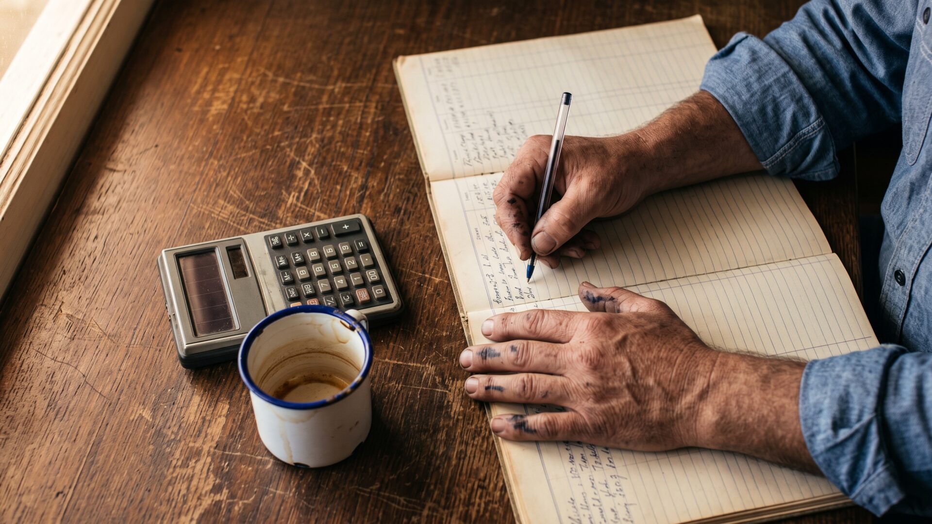 Hands updating a handwritten shop ledger, the pricing decision slide 3 says businesses make ahead of expected costs.