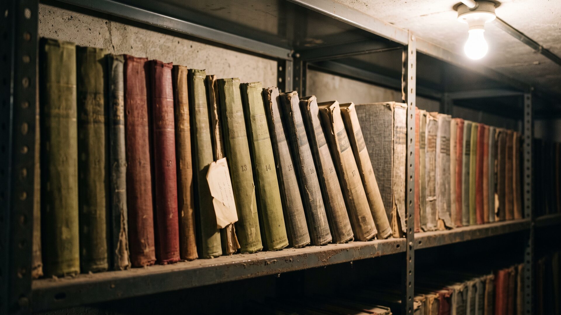 A long run of stacked archival ledger volumes, standing in for the eight decades of price records slide 4 compares against.