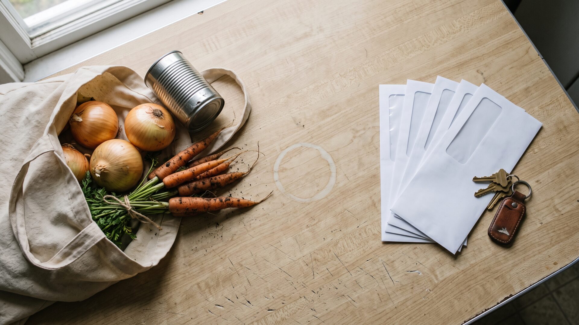 A kitchen table split between unpacked groceries and a stack of mail, the choosing behavior Hammack describes in slide 5.