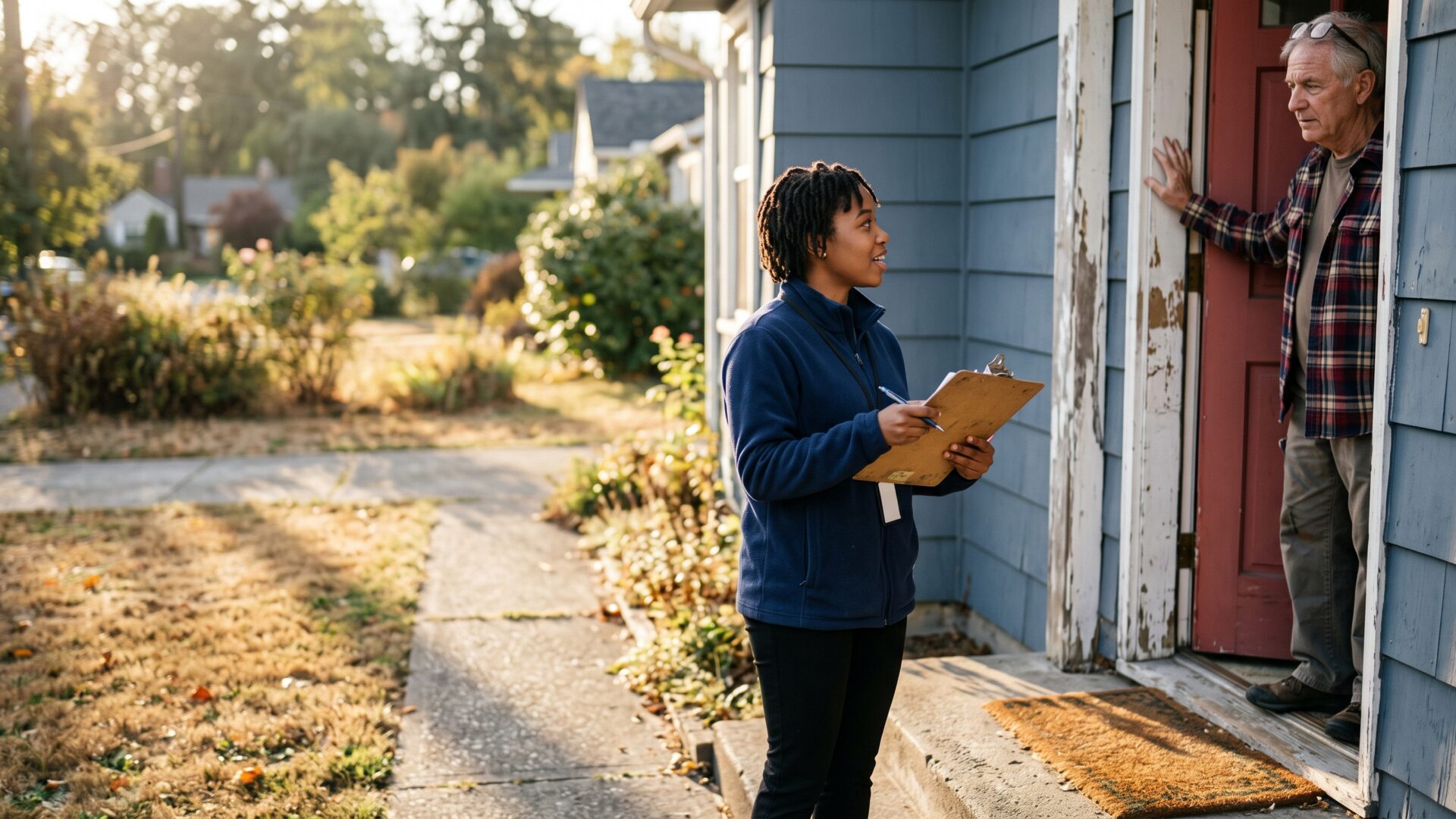 A doorstep survey interview in progress, the household data collection behind the two surveys in slide 6.
