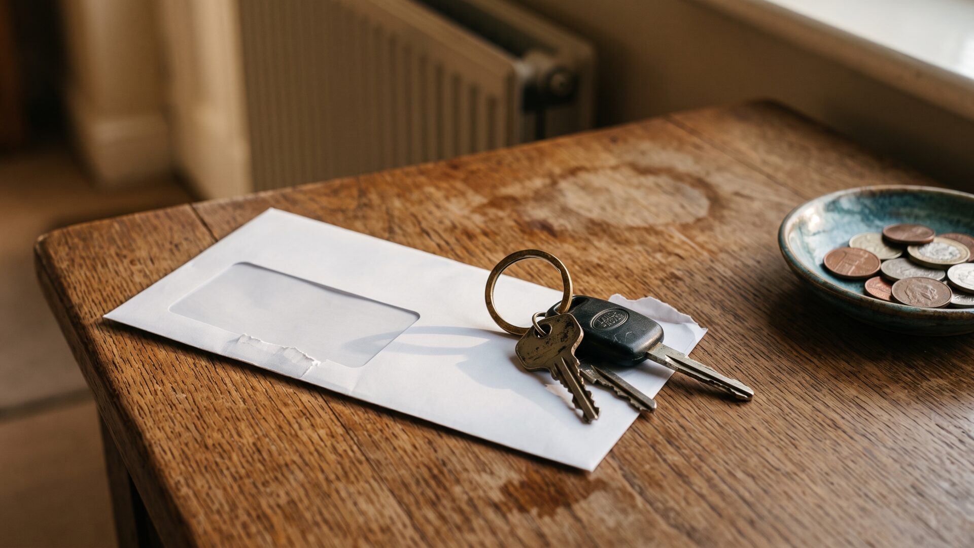 A credit card statement envelope and car keys on a hall table, the household borrowing costs slide 7 says rise first.