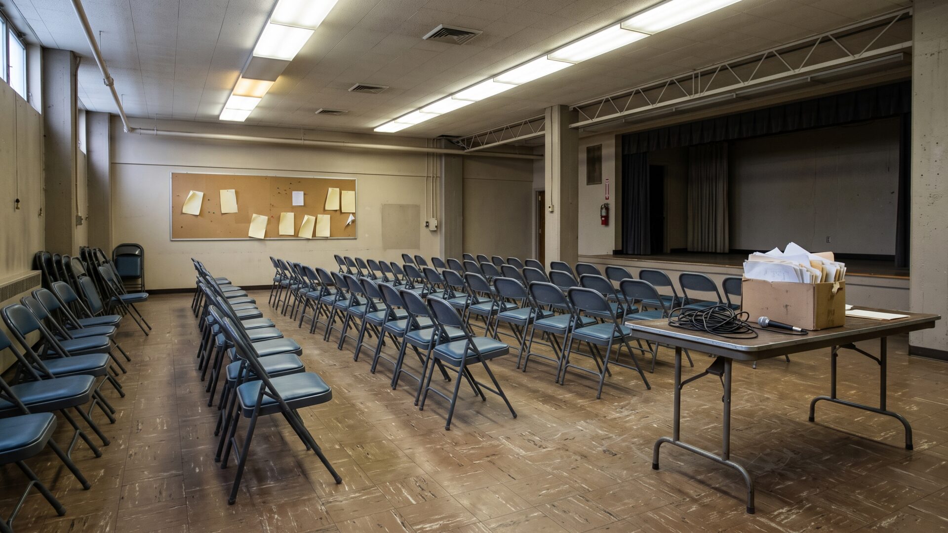 A union hall meeting room after hours, the setting where the labor leader's comparison in slide 8 would have been made.