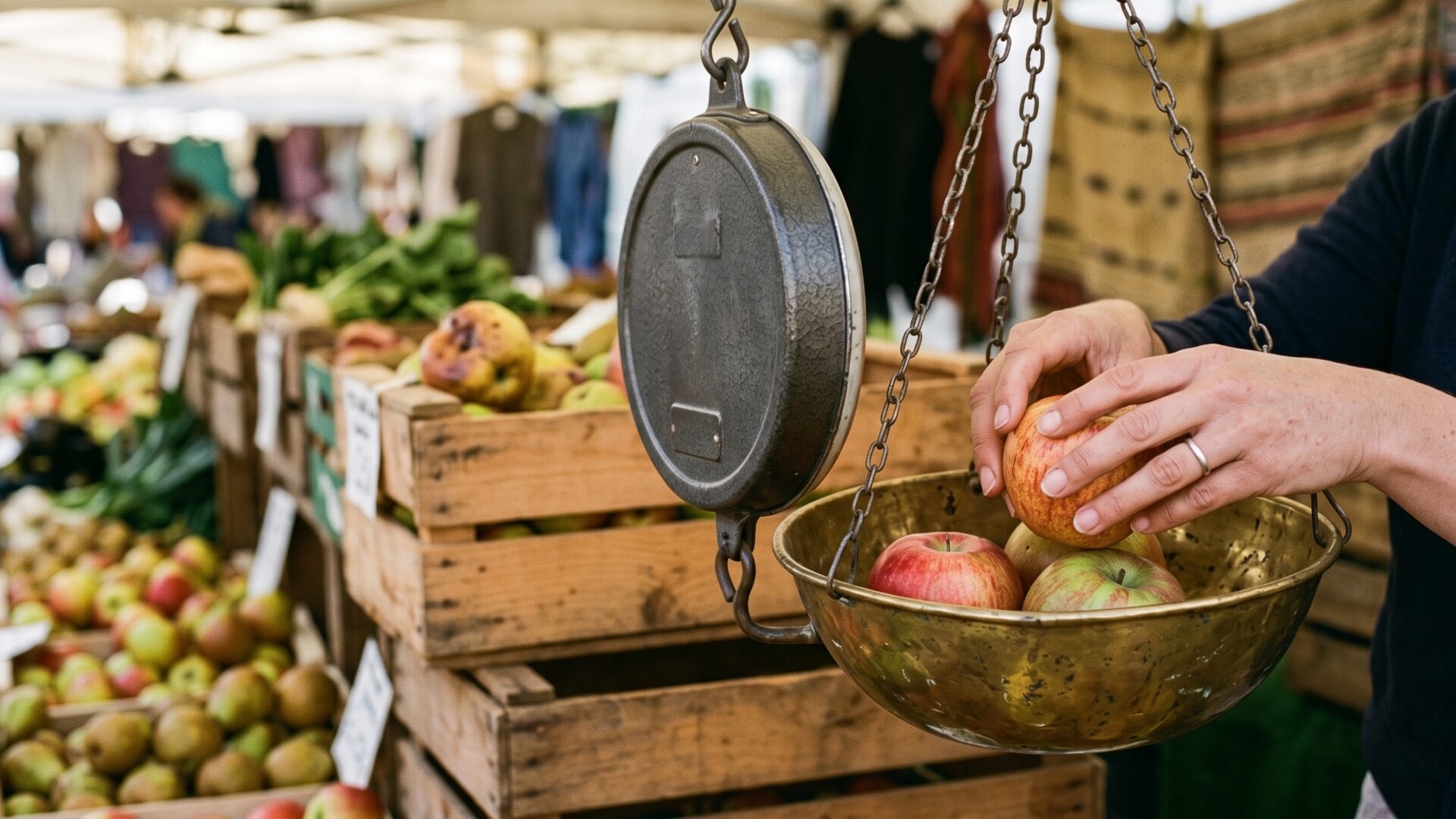 Hands weighing loose produce at a market scale, the specific aisle Nicks names in slide 9.