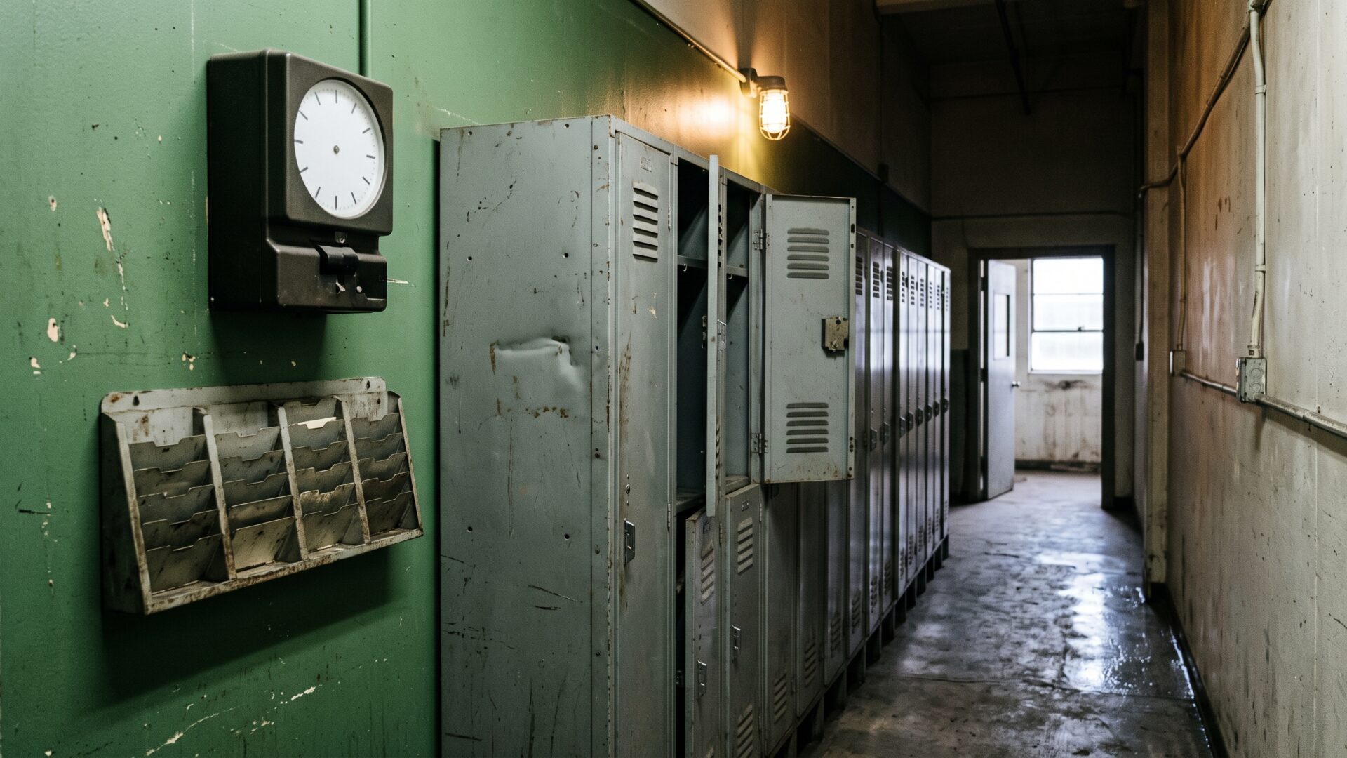 A time clock and lockers in a workplace corridor, the paycheck side of the wage-versus-prices gap in slide 10.
