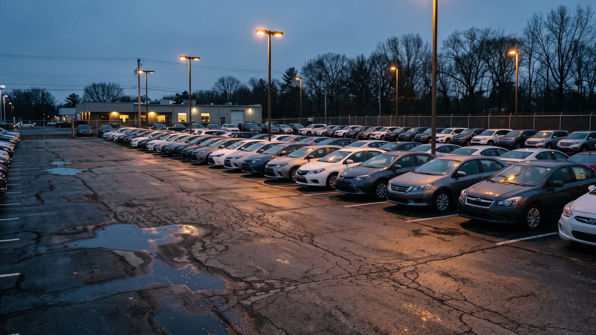A dealership lot seen across a line of parked vehicles at dusk, standing in for the price environment that drives the down-payment math on slide 1.