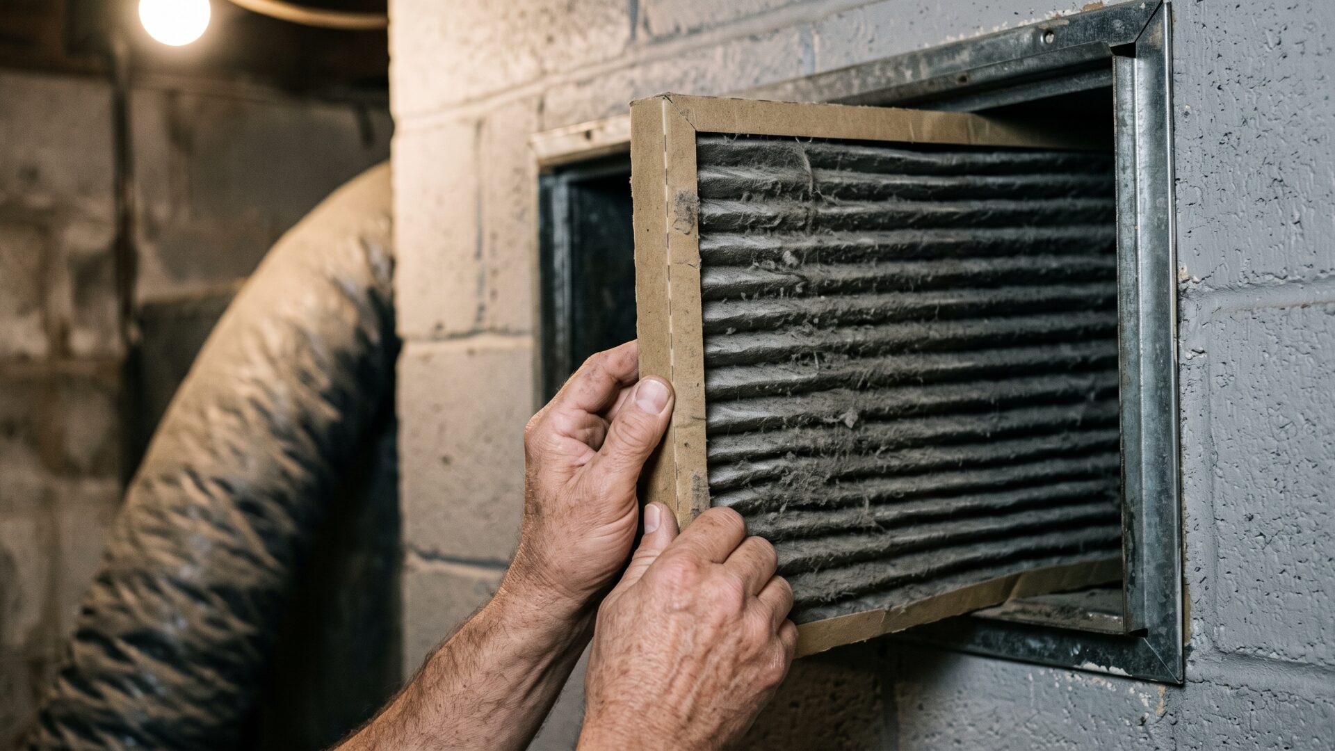 A used pleated furnace filter being pulled from a return-air slot, the physical object at the center of the survey's 61 percent neglect finding.