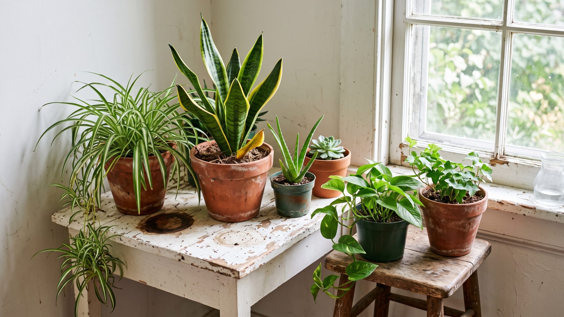 A cluster of houseplants on a sill, matching slide 2's finding that 86 percent keep plants for appearance rather than air cleaning.