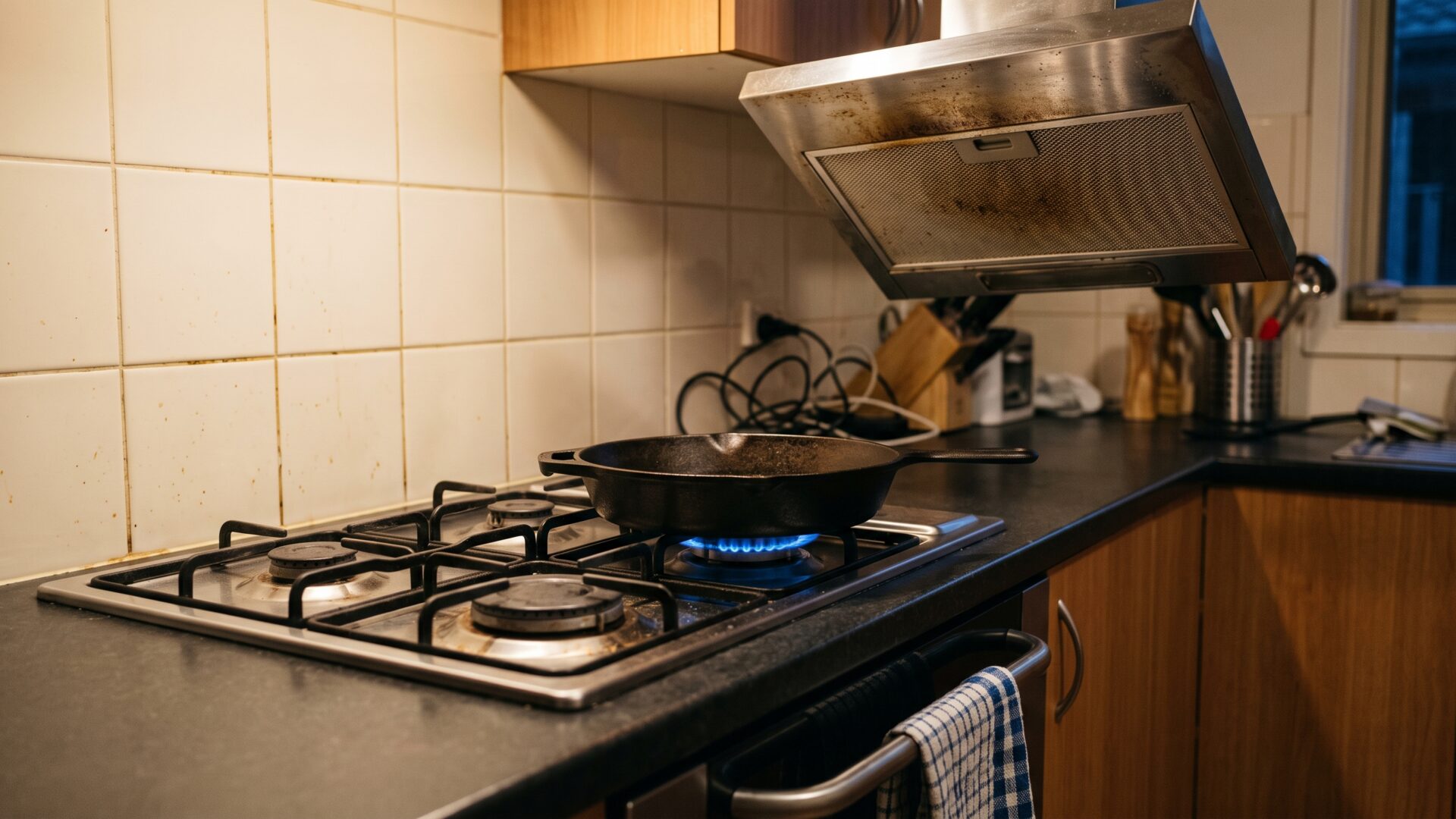 A gas burner and the range hood above it, the ventilation point slide 5 identifies as the relevant control.