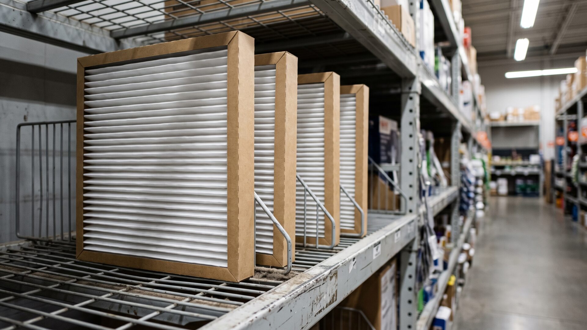 New pleated filters stacked unopened in a hardware aisle, matching slide 6's discussion of filter type and rating.