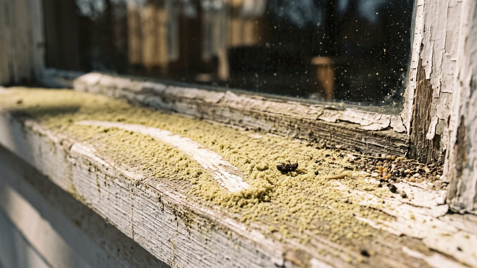 Pollen visible on an exterior window ledge, the pollutant 71 percent of respondents in slide 7 named first.