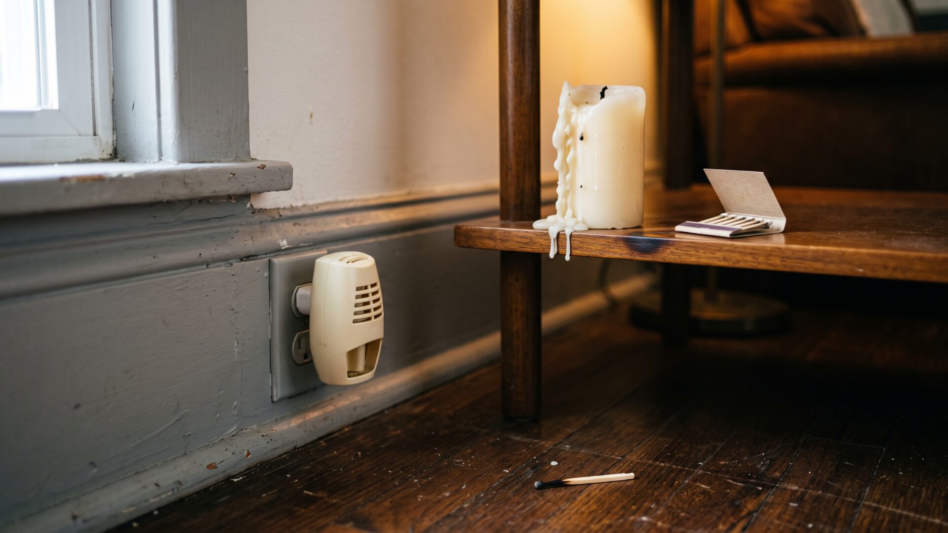 A plug-in diffuser and a candle on a side table, the two most common scented products in slide 8.