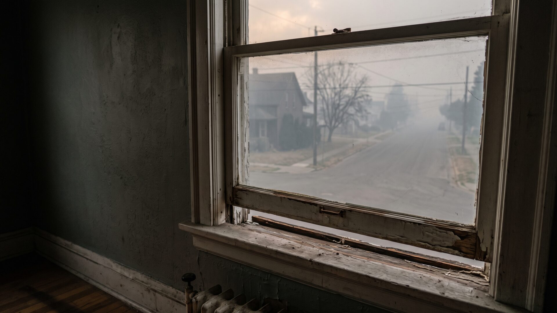 A hazy neighborhood view through a window with a visible gap at the sash, joining slide 10's smoke warnings and window-seal finding.