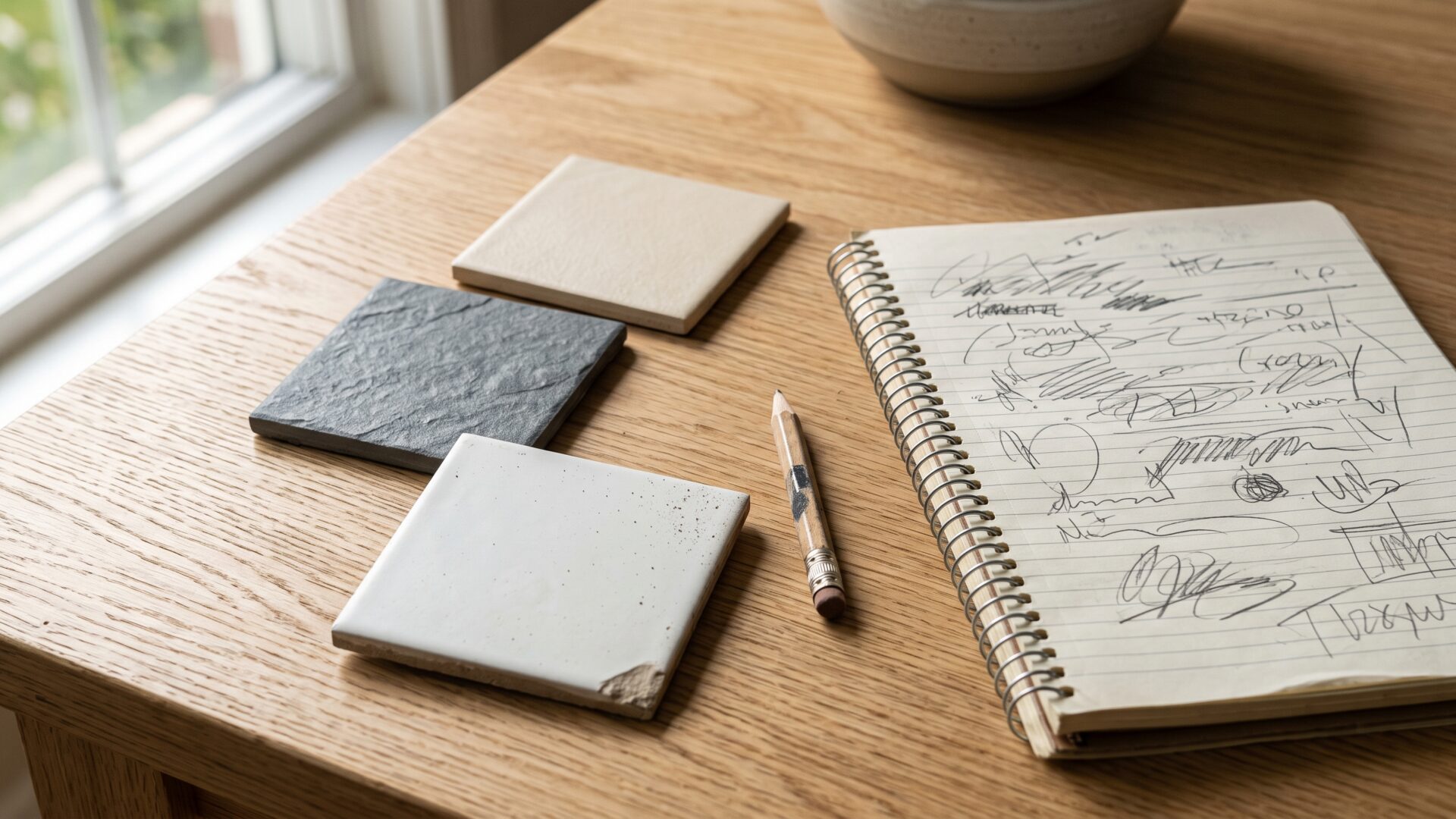A hand-written renovation budget on a notepad beside tile samples, matching slide 1's focus on what homeowners spent.