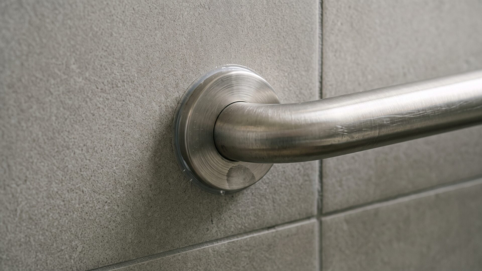 A grab bar installed on a finished shower wall, the single most chosen aging-in-place feature discussed in slide 2's forward-planning data.