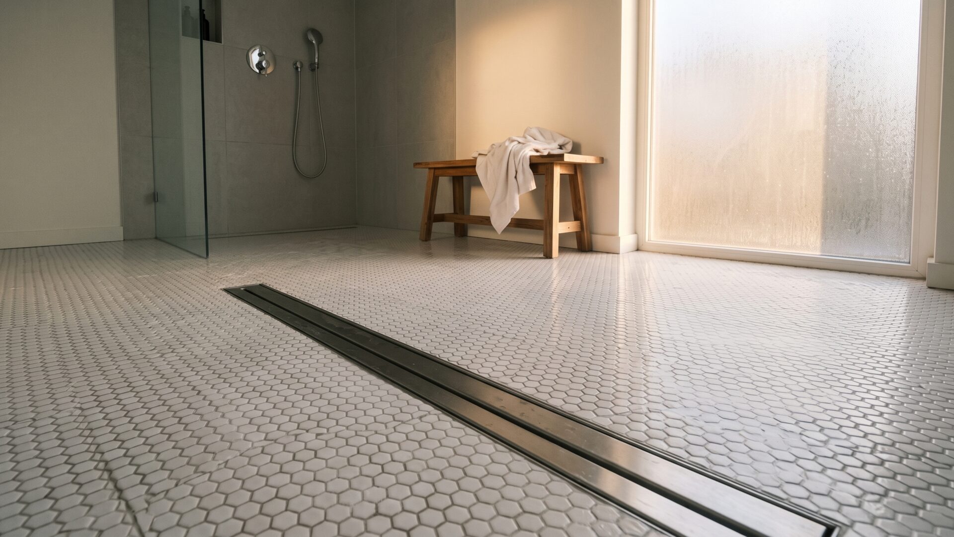 A curbless shower floor meeting the bathroom floor flat, the entry type slide 3 reports in 32% of aging-in-place projects.