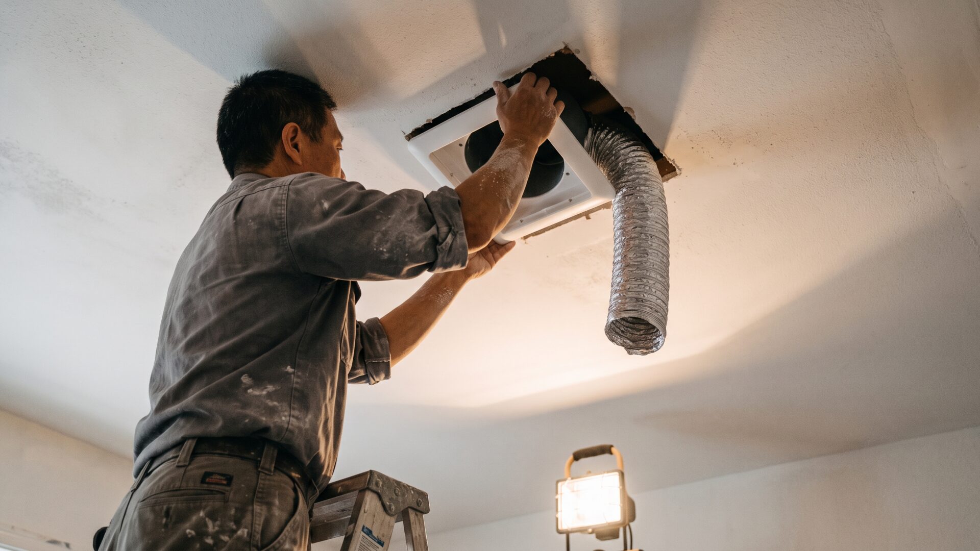 A bathroom exhaust fan housing being serviced, standing for the 60% of projects that upgraded ventilation, heating, or plumbing in slide 4.