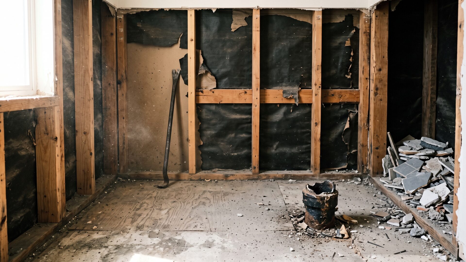 An alcove with the tub removed, exposed studs and drain, the conversion slide 5 says 79% of homeowners use to enlarge the shower.