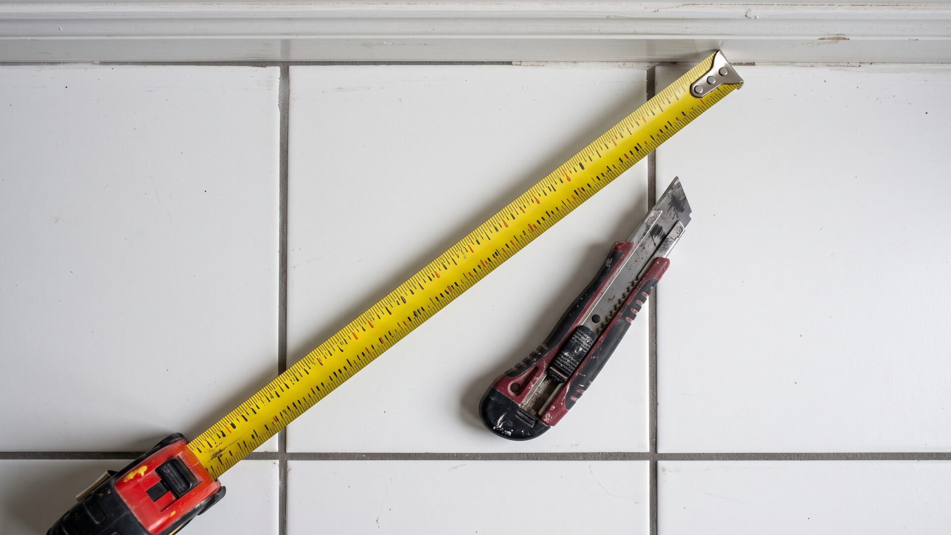 A tape measure pulled across a tile floor, matching slide 6's finding that square footage split budgets by thousands.
