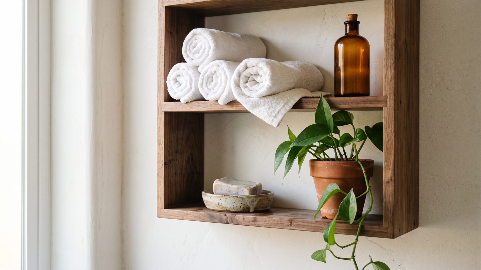 A clean, well-ordered open shelf in a bathroom, the cleanliness and storage that slide 8 reports as the top relaxation factors.