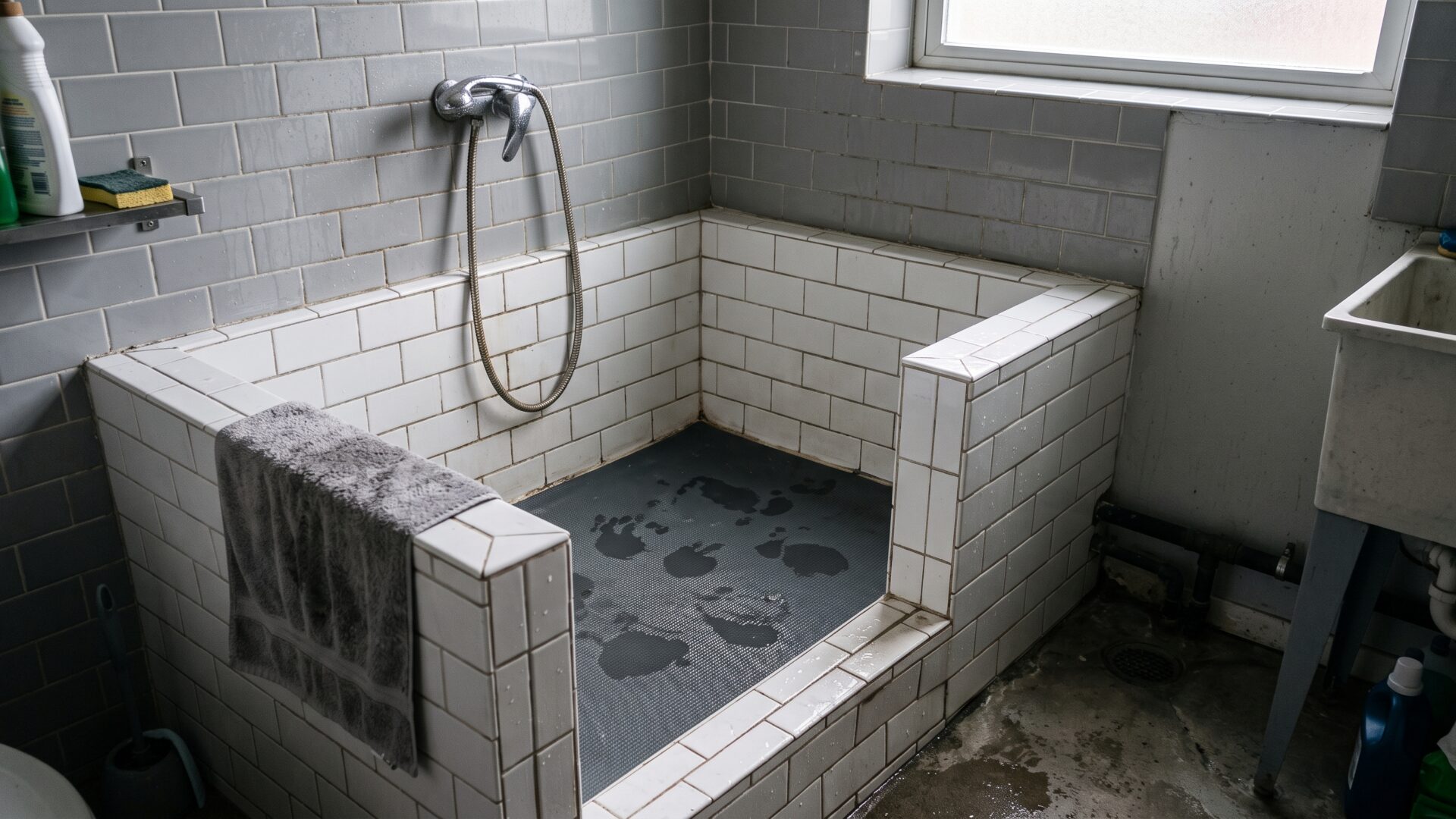 A low tiled dog-washing basin with a handheld sprayer, matching slide 10's finding that pets outrank young children as a renovation driver.