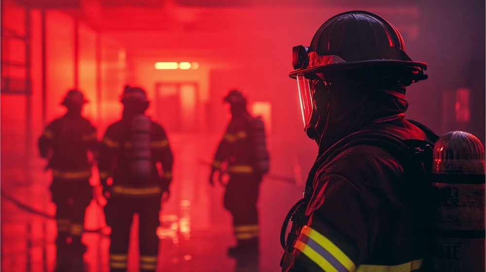 Firefighters standing in a building illuminated by red emergency lighting.